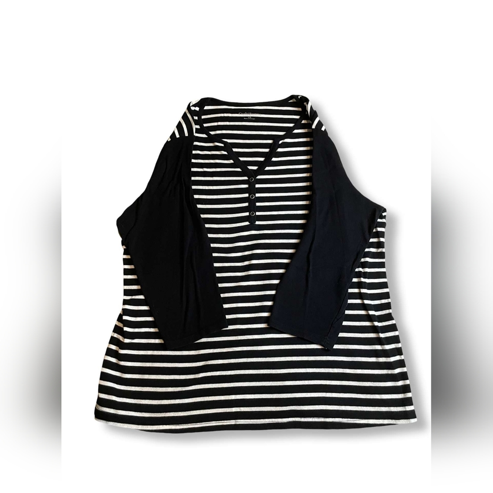 Croft&Barrow Black/White Striped 3/4-Sleeve V-Neck Henley Top, Size 2X